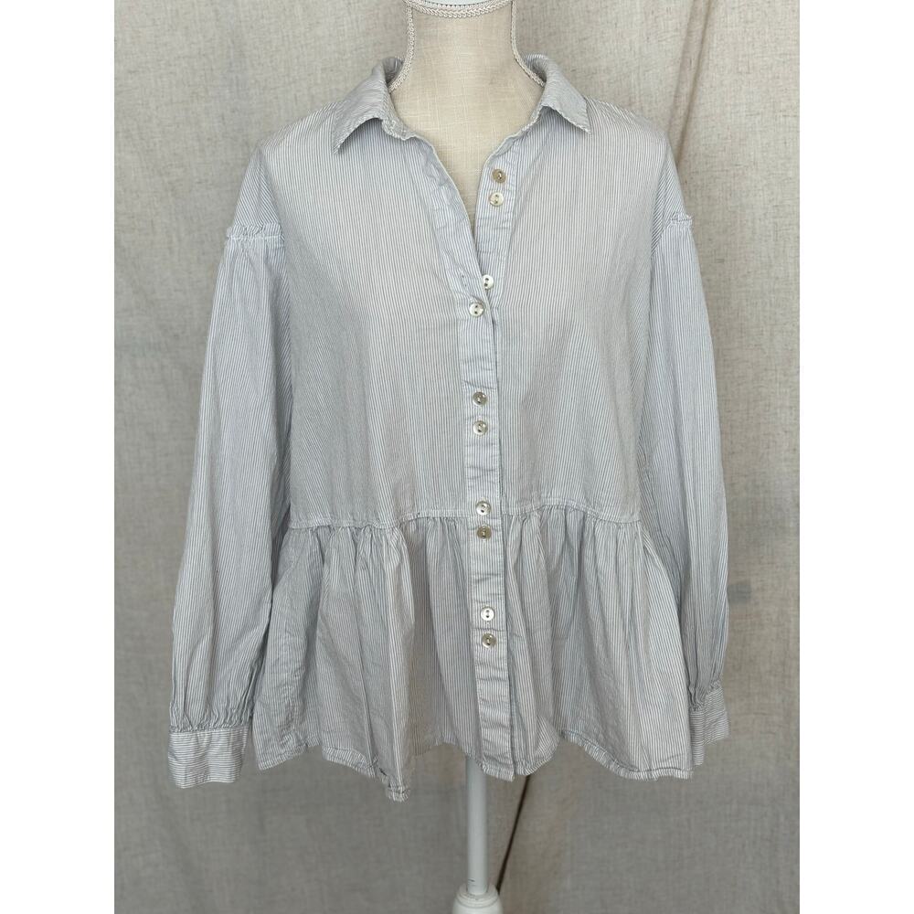 Free People Blue Striped Long Sleeve Button Down Top Size M